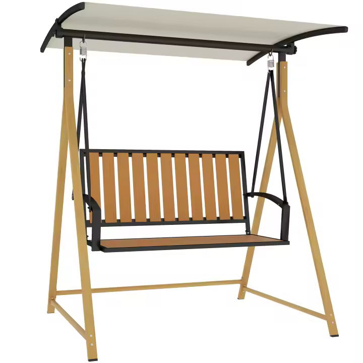 Outsunny Columpio de Jardín Exterior de 2 Plazas Balancín de Jardín Exterior con Toldo Ajustable y Estructura de Metal Carga 240 kg 142x112x162 cm Natural y Beige - 1