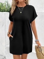 Vestido Corto De Color Sólido Con Cuello Redondo Cintura Ajustada Y Falda A-line Que Esculpe Y Oculta Las Imperfecciones. Hecho De Alta Elasticidad Y Poliéster Para Mujer. - details 0