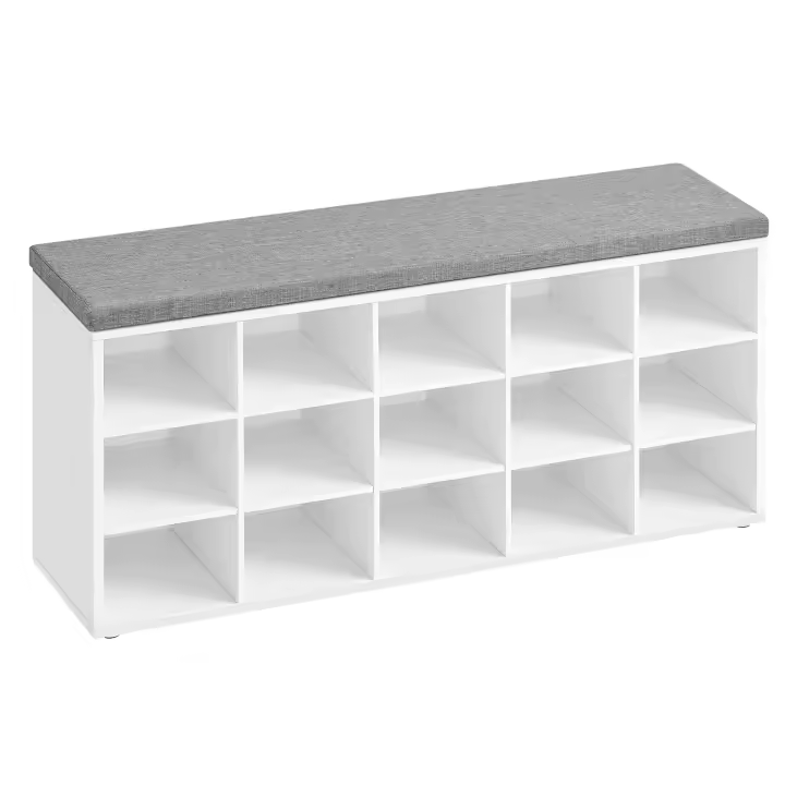 VASAGLE Banco Recibidor con 15 Compartimentos y Asiento Acolchado, EstanterÍa Almacenaje, Capacidad hasta 200 kg, Blanco Nube y Gris Paloma/Marrón Rústico y Marrón/Roble con Vetas Azul y Gris/Negro Ébano y Gris Pizarra/Beige Capuchino/Marrón Camello - 1