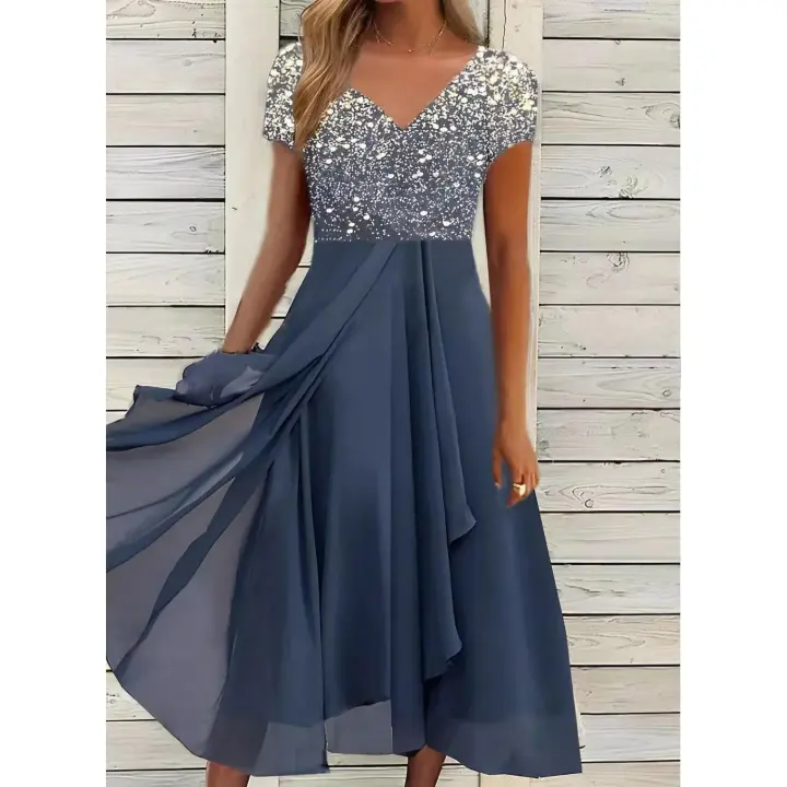 Vestido de Chiffon con Detalles de Parche Cuello en V Moda de Primavera/Verano - 1
