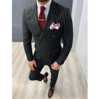 Traje Elegante Para Hombre Con Rayas Y Cuello En Pico Doble Botones Negro Slim Forma De Boda Chic Traje De Novio 2 Piezas 012D - details 2