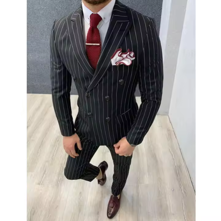 Traje Elegante Para Hombre Con Rayas Y Cuello En Pico Doble Botones Negro Slim Forma De Boda Chic Traje De Novio 2 Piezas 012D - 1