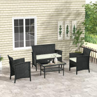 Outsunny Conjunto de Jardín de Ratán Sintético Juego de 4 Piezas Muebles de Jardín con 2 Sillones 1 Sofá Doble 1 Mesa de Centro con Tablero de Vidrio y Cojines Negro y Crema - details 1