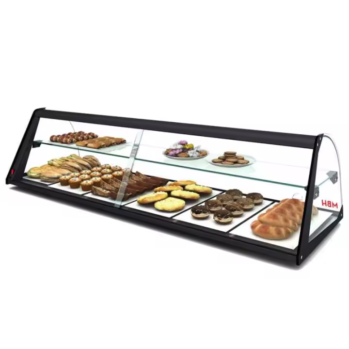 MBH - Expositor neutro de cristal curvado de 84 cm y 2 pisos para hostelería. Vitrina expositora de sobremesa neutra para bar y restaurante. Sin LED. - 1