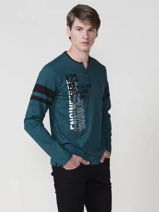 Koroshi - Camiseta hombre manga larga estampada con cuello redondo y abertura, 100% algodón, colores rojo y petróleo - 1