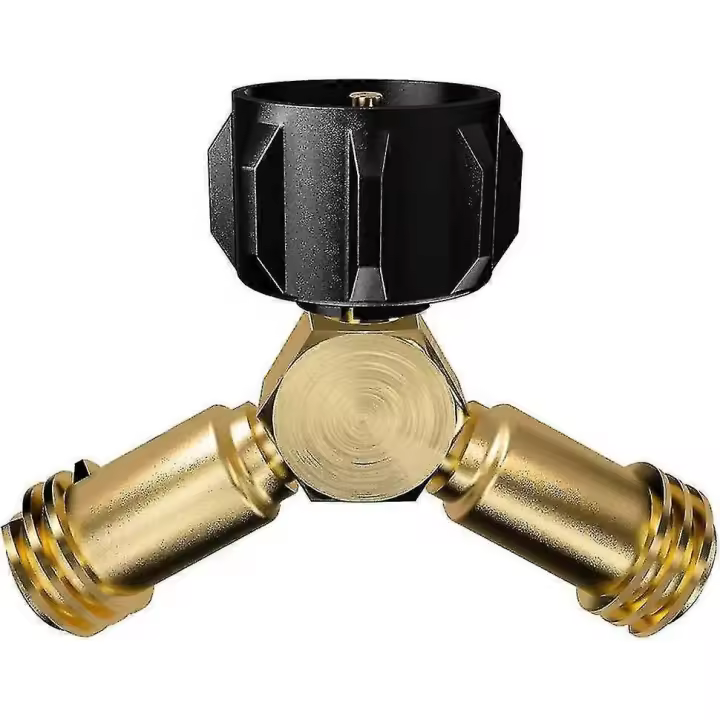 Divisor en Y para tanque de propano, adaptador de propano con válvula de 2 vías para cilindro de gas LP de 20 lb. Conexión para 2 electrodomésticos, parrilla, calentador, estufas y más. - 1