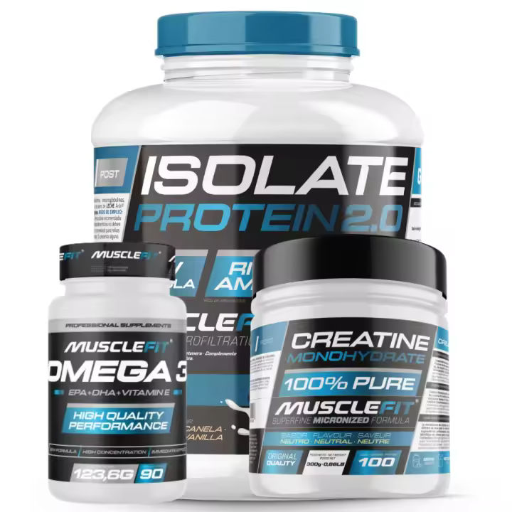 Pack Proteína ISOLATE 2kg + Creatina 300g + Omega 3 90cáps - Musclefit  Avance Muscular│Mas musculos│VItaminas - 1