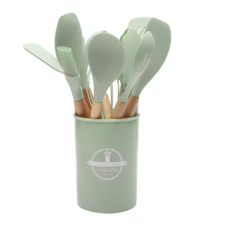 Juego De Utensilios De Cocina De Silicona Con Mango De Madera No Adherente 12 Piezas Incluye Cesta De Almacenamiento Eco-amigable - 1