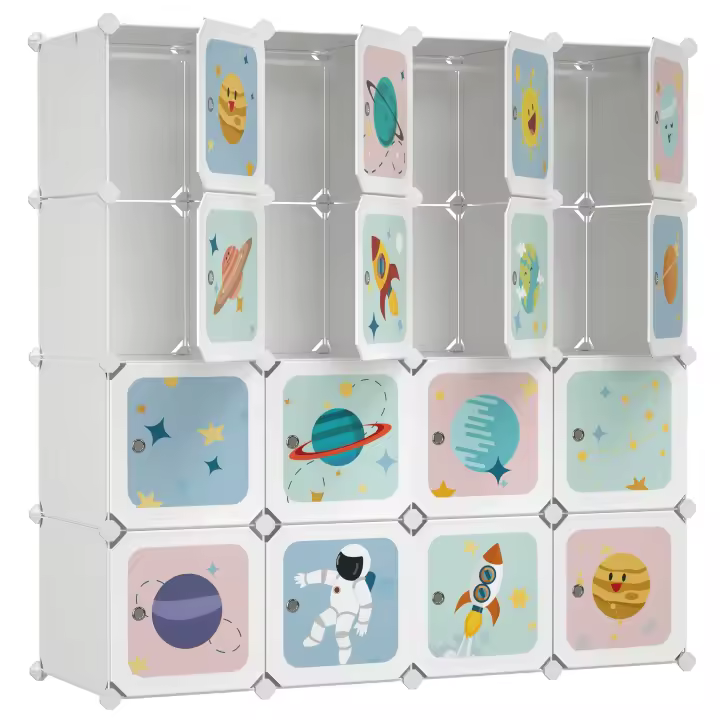 Armario Modular Infantil de 16 Cubos con Puertas - Estantería de Plástico con 4 Barras para Ropa, Zapatos y Juguetes, 123x41x123 cm, Blanco - 1