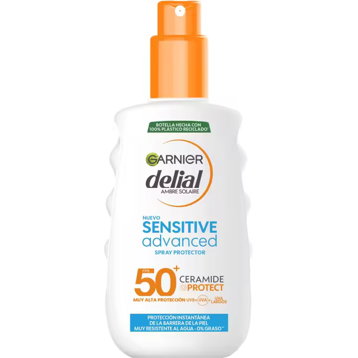 Garnier Delial Sensitive Advanced Spray Protector Solar para pieles claras, sensibles e intolerantes al sol IP50+. Resistente al agua, 0% graso, 0% pegajoso - 150 ml - 1