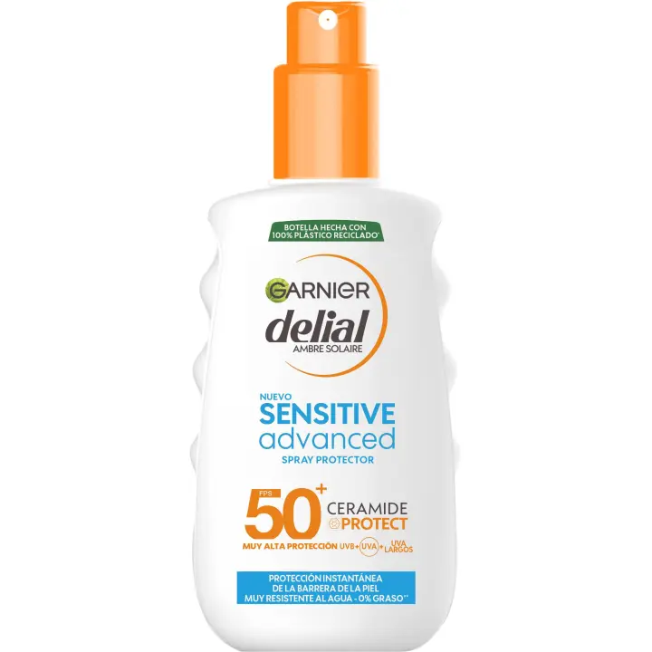 Garnier Delial Sensitive Advanced Spray Protector Solar para pieles claras, sensibles e intolerantes al sol IP50+. Resistente al agua, 0% graso, 0% pegajoso - 150 ml - 1