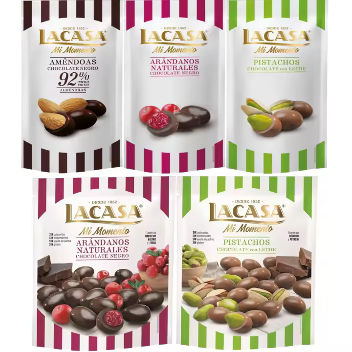 Lacasa Mi Momento pack de 5:Arándano  Negro 60 G,Pistacho  Leche 50 G,Almendra 92% 65 GArándano  Negro 125 G,Pistacho  Leche 100 G - 1