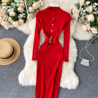 Vestido REALEFT De Punto Para Mujer Con Cuello Alto Y Mangas Largas Estampado Sólido Estilo Casual Vestido De Abrazo Largo Hasta La Rodilla Para Otoño E Invierno - details 33