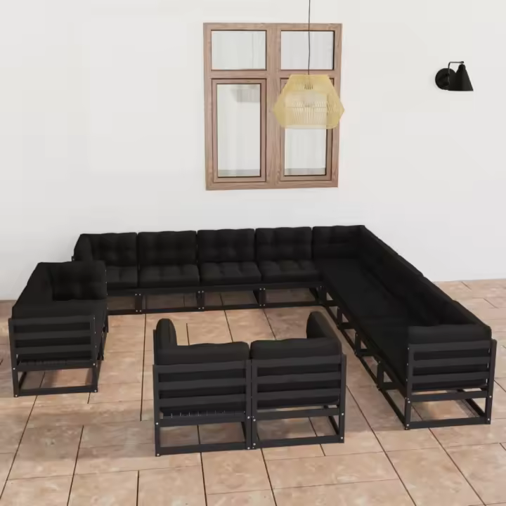 vidaXL Set de muebles de jardín 13 pzas con cojines madera pino negro - 1