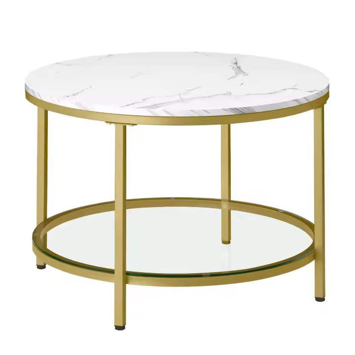 VASAGLE Mesa de Centro, Mesa de Salón, Mesa de Sofá de Mármol de Imitación Redonda, Estante de Vidrio Templado, Montaje Fácil, Estilo Moderno, Salón, Blanco Mármol y Dorado Claro/Blanco Mármol y Negro Tinta - 1