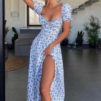 Vestido Floral Para Mujer Estilo Chic Verano Manga Batulada Cuello Cuadrado Frontal Con Cordón Abertura Alta Vestido Slim A-Line Midi Polyester - details 6