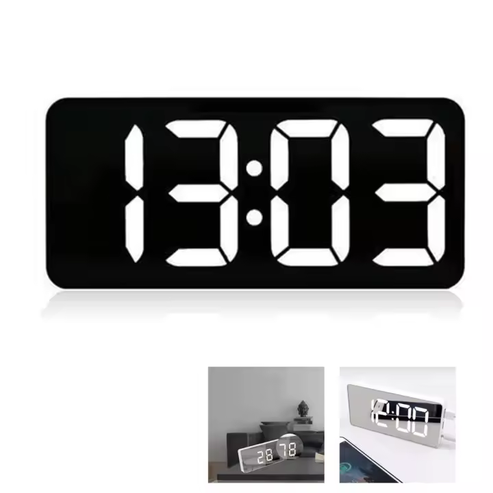 PORCHEDDU Reloj despertador digital with Gran Pantalla LED de temperature, Reloj de Mesa, Alarma de Espejo con Alarma dual, de Repetición Tiempo, 4 Niveles, puerto de carga USB, Mesita de Noche, dormitorio - 1