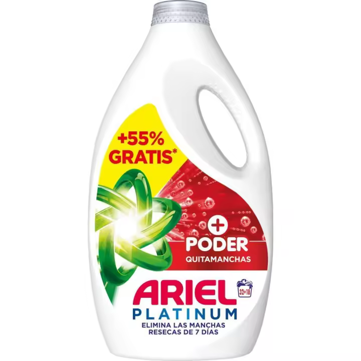 Ariel Detergente Lavadora Liquido, 50 Lavados (32+18), Jabon Quitamanchas, Mas Poder Extra Quitamanchas, Limpieza Profunda - 1