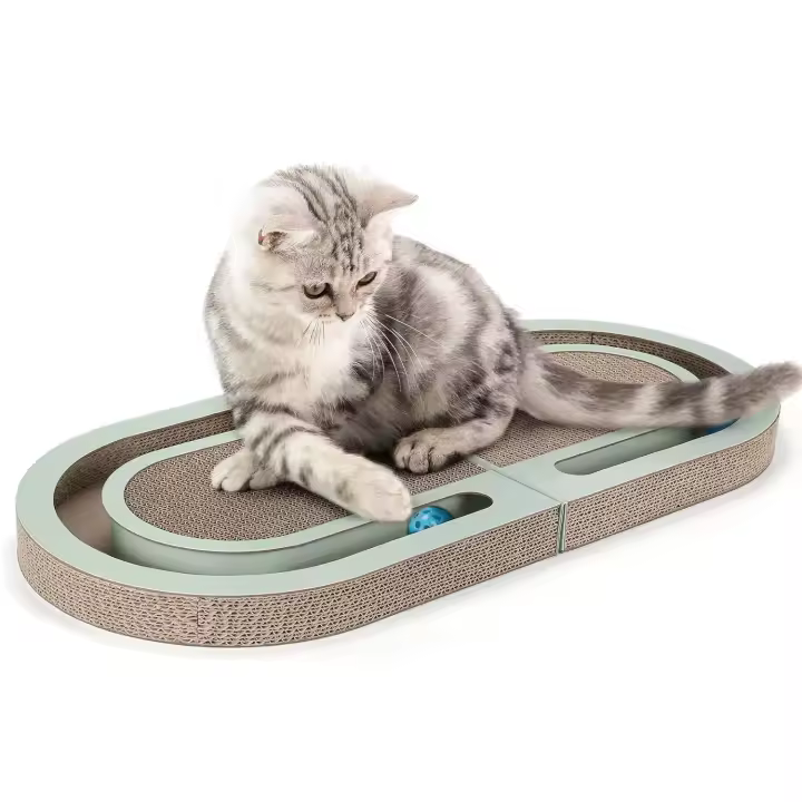 Rascador para gatos, tablero rascador para gatos con trackball, cartón corrugado reciclado reversible para gatos de interior, almohadilla rascadora plegable para gatos con diseño de bola de campana interactiva - 1