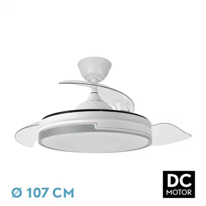 FABRILAMP Ventilador Motor Dc Papiro 59w Blanco/gris 3aspas desplegables,6velocidades ajustables 107D 6980Lum 3000-4000-6000k,Remot+mem+tempo . Incluye mando a distancia y dos tijas de 10 y 25 centímetro Productos originales calidad de confianza - 1