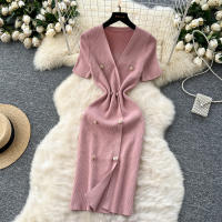 Vestido Tejido REALEFT 2025 Para Mujer Verano Cuello En V Corto Manga Metálico Botones Cintura Alta A-Line Longitud Media - details 20