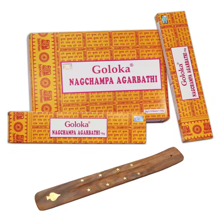KROWN - Kit Incienso GOLOKA Nag Champa Agarbathi + Porta Inciensos, GOLOKA Nag Champa Agarbathi Caja Grande , 12 Paquetes de 16 g Cada uno, Total 192 g. - 1