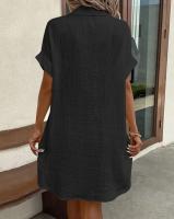 Vestido De Verano Para Mujer Estilo Casual Con Cuello Volante Y Botones Manga Corta Bolsillo Vestido Sencillo De Color Sólido Para Comerse Al Trabajo - details 5