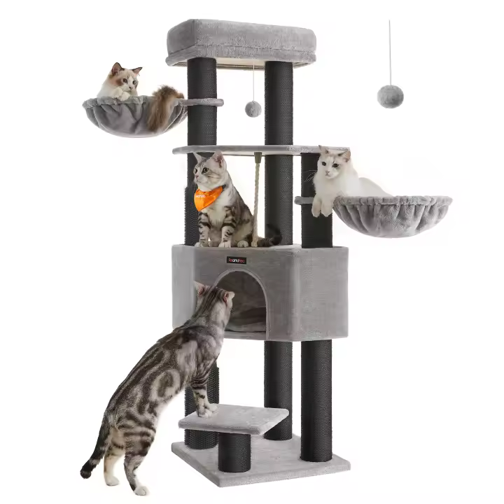 Feandrea Árbol para Gatos Grande y Estable, Torre para Gatos Grandes, con Almohadillas Autocalentables, Solapas, Cueva, Cuerda de Sisal, 50 x 50 x 160 cm, Gris Paloma y Blanco Crema/Gris Paloma y Negro - 1