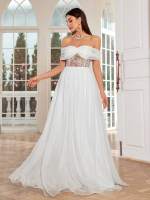 Mgiacy Vestido De Baño De Novia Elegante Con Hombro Solo Y Collar Bordado De Encaje Translúcido De Chiffón Vestido Largo Para Mujer - details 6