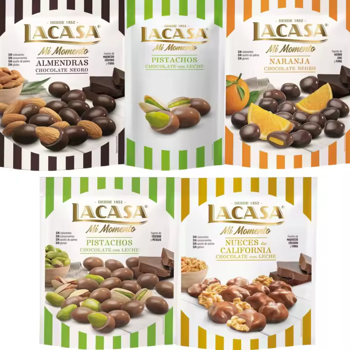 Lacasa Mi Momento pack de 5:Pistacho Leche 50G,Nueces Leche 115G,Almendra choco Negro 125G,Naranja choco Negro 125G,Pistacho Leche 100G - 1