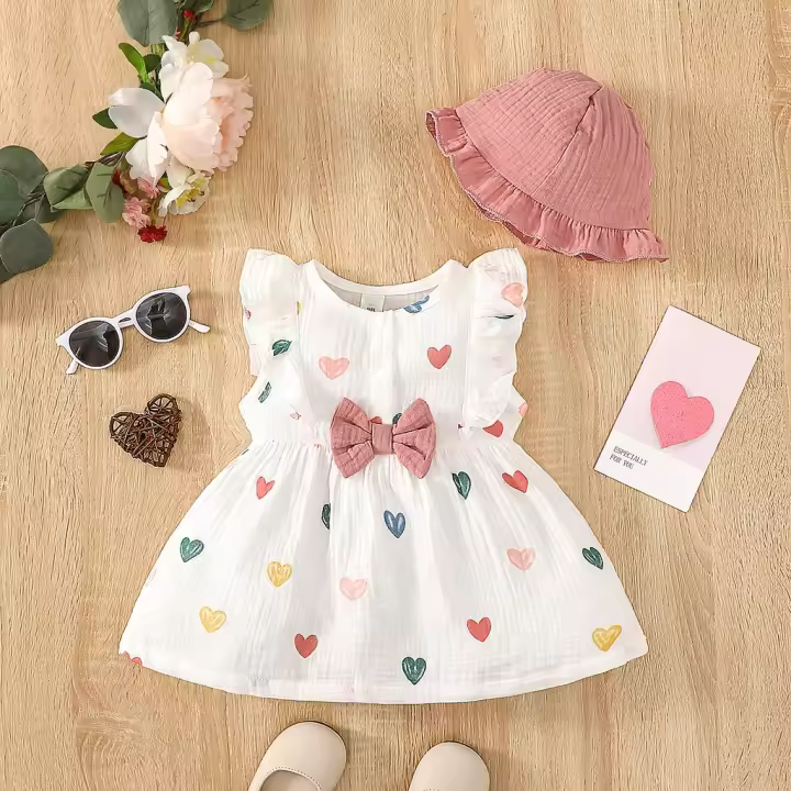 Conjunto De Ropa Para Bebé Niña Nueva 2 Piezas Vestido Sin Mangas Y Gorro Estampado De Amor Moda Verano Para Bebés Recién Nacidos De 0 a 9 Meses - 1