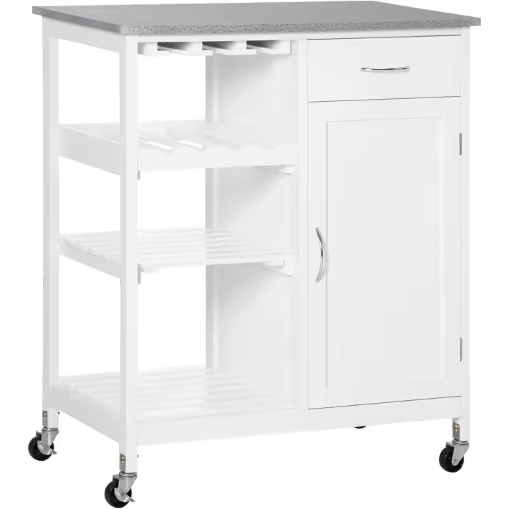 Carro de Cocina con Ruedas Carrito de Servicio con 1 Cajón Estantes Extraíbles Botellero para 4 Botellas y Armario para Comedor Salón Carga 40 kg 76x48x88 cm, Madera de ingeniería, Blanco - 1