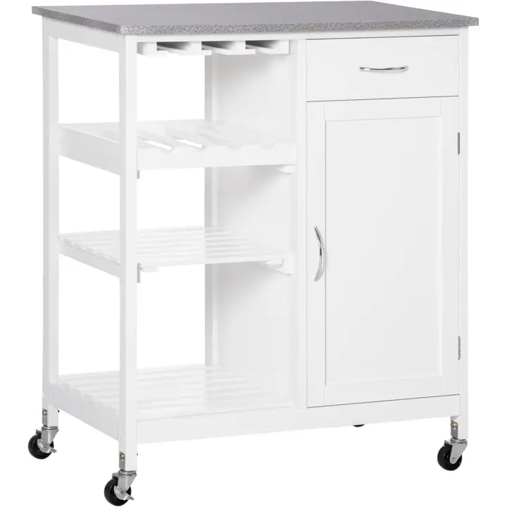 Carro de Cocina con Ruedas Carrito de Servicio con 1 Cajón Estantes Extraíbles Botellero para 4 Botellas y Armario para Comedor Salón Carga 40 kg 76x48x88 cm, Madera de ingeniería, Blanco - 1