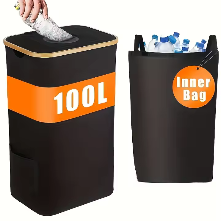 1pc Indoor Recycling Bin, 2 Inner Pockets, Trash Can, Dirty Clothes Basket, 100L High-Capacity, Spare Inner Pocket Pockets on Side, Suitable for Indoor, Kitchen, Laundry Room, Bedroom, Dormitory, Office, Clothes, Bottles, Toys Organization Storage - 1