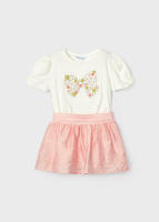 Conjunto Mayoral: Falda rosa nude y camiseta blanca con lazo frontal ajustable para niñas - Conjunto de falda y camiseta Mayoral para niñas, ideal para ocasiones casuales con un diseño adorable de lazo en la camiseta y falda ro - details 0