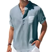 Camisa De Lino Breton Para Hombre Casual Verano Color Sólido Manga Corta Transpirable Suéter Con Bolsillo Top Basic Juvenil - details 4