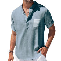 Camisa De Lino Breton Para Hombre Casual Verano Color Sólido Manga Corta Transpirable Suéter Con Bolsillo Top Basic Juvenil - details 4