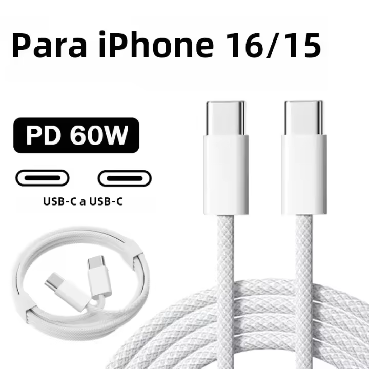 Cable USB-C a Tipo-C PD 60W Original Para iPhone 15 plus 16 pro Max Y Samsung S24 S25 Carga Rápida Braided Dual Tipo C De 1m 1.5m 2m Color Ligero Gris - 1