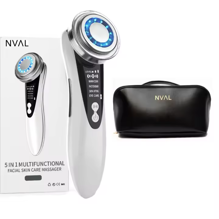 NVAL Masajeador Facial Radiofrecuencia 5 en 1 Blanco + Neceser Regalo – Masajeador Facial Eléctrico Multifuncional – Masajeador con Rejuvenecimiento e Hidratación de la Piel, Limpieza Facial - 1