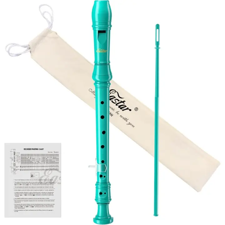 ERS-21GSB Flauta dulce soprano para principiantes y niños, instrumento en clave de Do, ABS, 3 piezas con kit de limpieza, reposapulgar, funda de algodón, tabla de digitación, azul cielo - 1