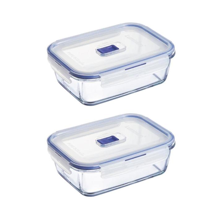 LUMINARC PURE BOX ACTIVE 2 Recipiente Rectangular Hermético Vidri SET 2 PIEZAS 122CL Bicolor Brillo Tapa 4 cierres herméticos 100% con válvula Reciclable