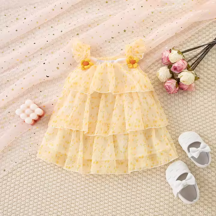 Vestido De Princesa Para Bebé Niña Verano Color Sólido Con Flores Malla Ligera Y Delgada Manga Volante Dulce Vestido De Niña - 1