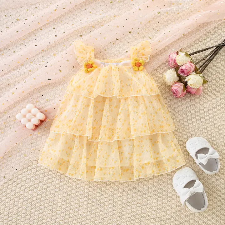 Vestido De Princesa Para Bebé Niña Verano Color Sólido Con Flores Malla Ligera Y Delgada Manga Volante Dulce Vestido De Niña - 1
