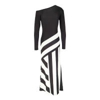 Vestido Maxi Para Mujer Elegante Y Casual En Negro Y Blanco Patchwork Slim De Poliéster Para Otoño Moda Streetwear - details 9