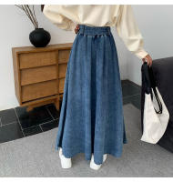 Falda De Vaquera Vintage De Cintura Alta Para Mujer REALEFT Con Cinturón Casual Suelta Plisada Estilo A-line Tejida Con Tatling De Poliéster Y Algodón - details 5