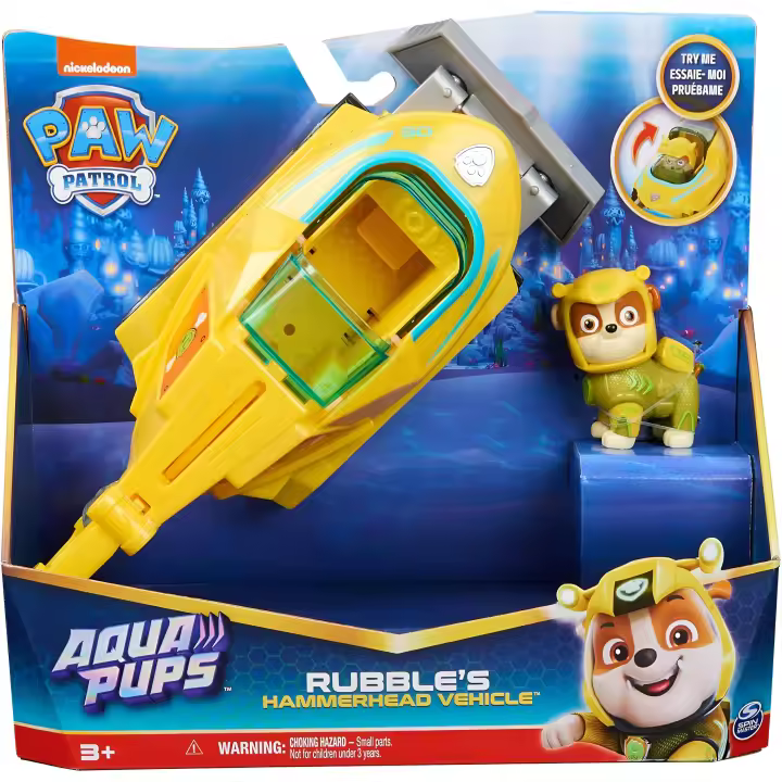PATRULLA CANINA - AQUA PUPS - FIGURA DE ACCIÓN LA PATRULLA CANINA - Vehículo de Tiburón Martillo Transformable de Rubble con Figura de Acción Coleccionable - 6066158 - Juguetes Niños 3 Años + - 1