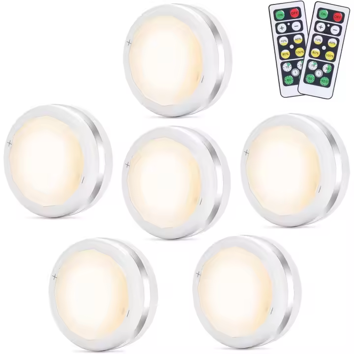 Luz LED Inalámbrica Nocturna, 6PCS, 5 Perlas, Lámpara Blanca Cálida Adhesiva a Batería con 2 Control Remoto, para Vitrina, Armario, Pasillo, Armario, Cocina - 1