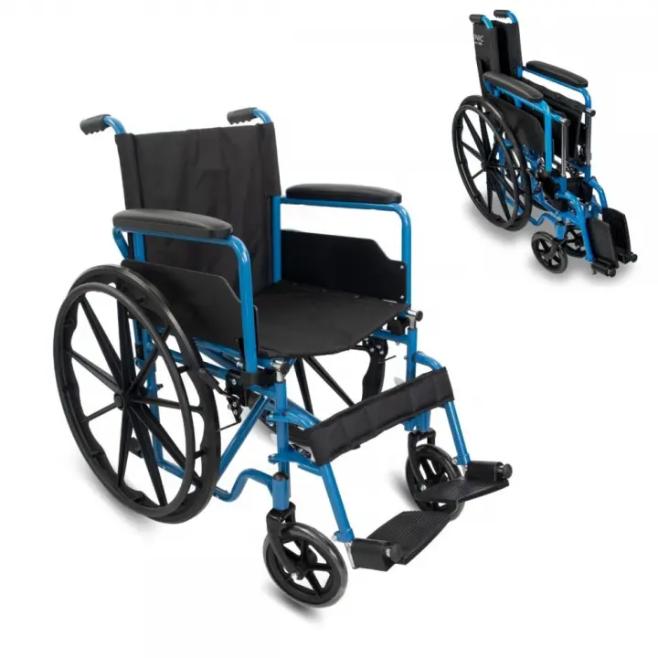 Mobiclinic Silla de ruedas plegable Marsella Ruedas de extracción rápida pulsando un botón Asiento 46 cm Reposapiés y Reposabrazos abatibles Palanca de freno Resistente Azul - 1