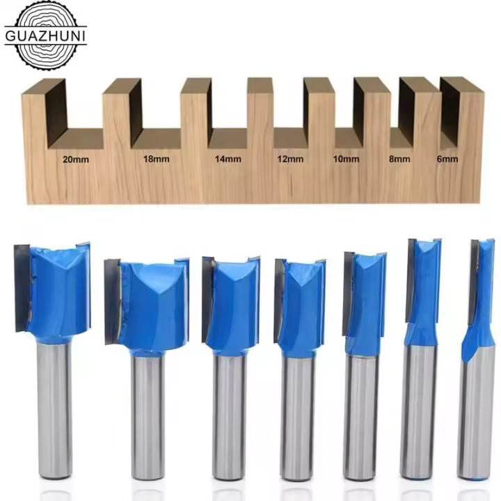 Broca fresadora, juego de brocas para limpieza de madera con diámetro 6/8/10/12/14/18/20 mm. Este juego incluye 7 piezas de cortadores a ras de plantilla de moldura con un diámetro de vástago de 8 mm. Azul - 1