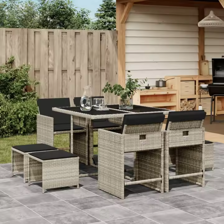 vidaXL Set comedor de jardín 9 pzas cojines ratán sintético gris claro - 1